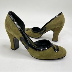 John Fluevog Miracles Cana Olive Green Suede Retro Pin-up Heels